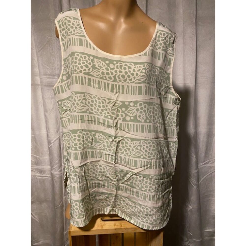 Bob Mackie Cream and Sage Striped Floral Scoop Neck Tank